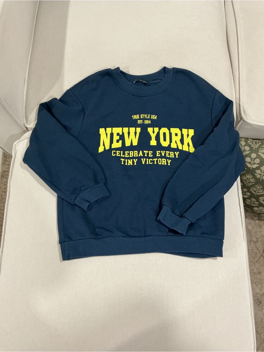 Zara Navy Crewneck Sweatshirt with Yellow NEW YORK Print